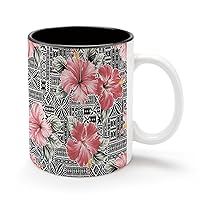 Hawaiian Tribal Pink Hibiscus Flower 11Oz Coffee Mug Personalized Ceramics Cup Cold Drinks Hot Milk Tea Tumbler with Handle and Black Lining
