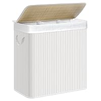 SONGMICS Laundry Hamper, 39.6 Gallons (150L), 3-Section Laundry Basket, Laundry Hamper with Lid, Bamboo, Foldable, Removable and Machine Washable Liner, for Laundry Room, Bedroom, White ULCB091W01