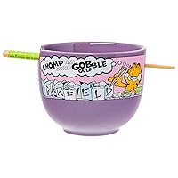 Silver Buffalo Garfield Eating Takeout Ceramic Ramen Noodle Rice Bowl with Chopsticks, Microwave Safe, 20 Ounces