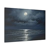Midnight Ocean Seascape Painting Canvas Print | Moonlit Black Sand Beach Print Wall Art | Coastal Home Decor 48″ x 32″