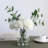 Artificial Flowers with White Roses in Vase, Fake Flowers in Artificial Water Vase, Silk Flower Arrangements in Vase with Artificial Flowers for Home Dining Table Decor.