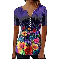 Women's Floral Printed Pleats T-Shirt Tops Short Sleeve Fashion Casual Flowy Hem Blouse Tees V Neck Loose Shirts