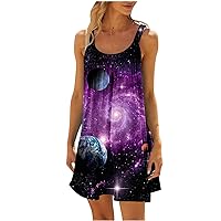 Summer Cami Beach Dresss for Women Casual Sleeveless Boat Neck Mini Tunic Dress Funny Galaxy Planet Print Sundress