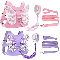 Toddler Harness Leash + Anti Lost Wrist Link, 2 Pack Cute Kids Butterfly Harness Leashes, Adorable Baby Leash Walking Assistant Wristband Strap Tether for Girls Outdoor (Pink + Purple)