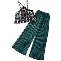 SHENHE Girl's 2 Piece Outfits Floral Halter Ruffle Crop Top and Pleated Wide Leg Pants Set
