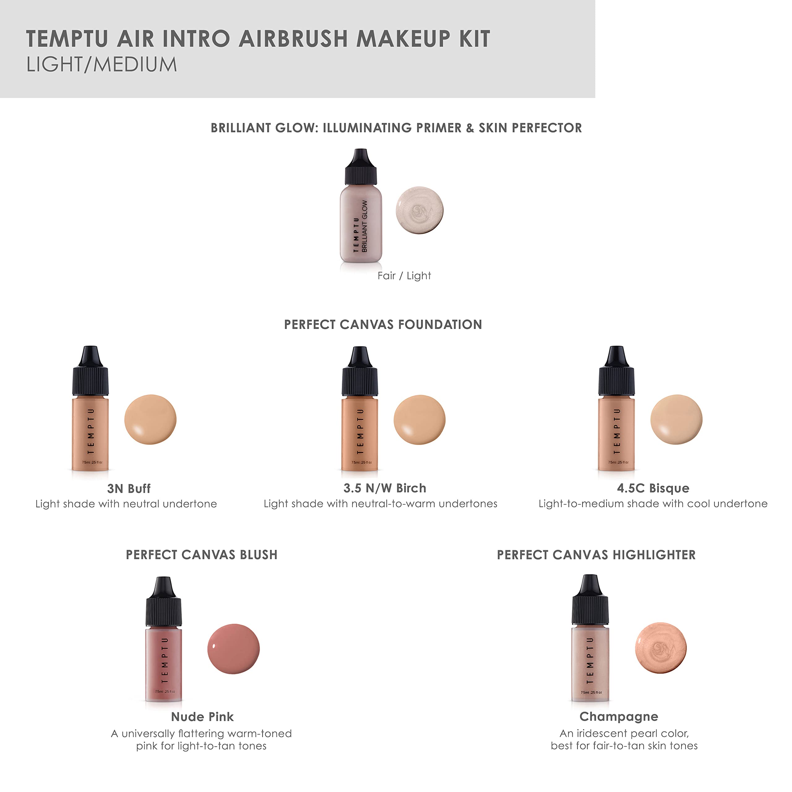 TEMPTU Air Intro Airbrush Makeup Kit: 9-Piece Set Includes Cordless Device, Refillable Makeup Cartridge, 3 Perfect Canvas Semi-Matte Foundations, Primer, Blush, Highlighter & Cleaner