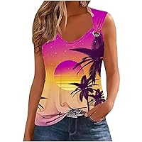 Beach Tank Tops for Women Sexy V Neck O Ring T-Shirt Summer Palm Tree Graphic Tees Hawaiian Vacation Sleeveless Tops