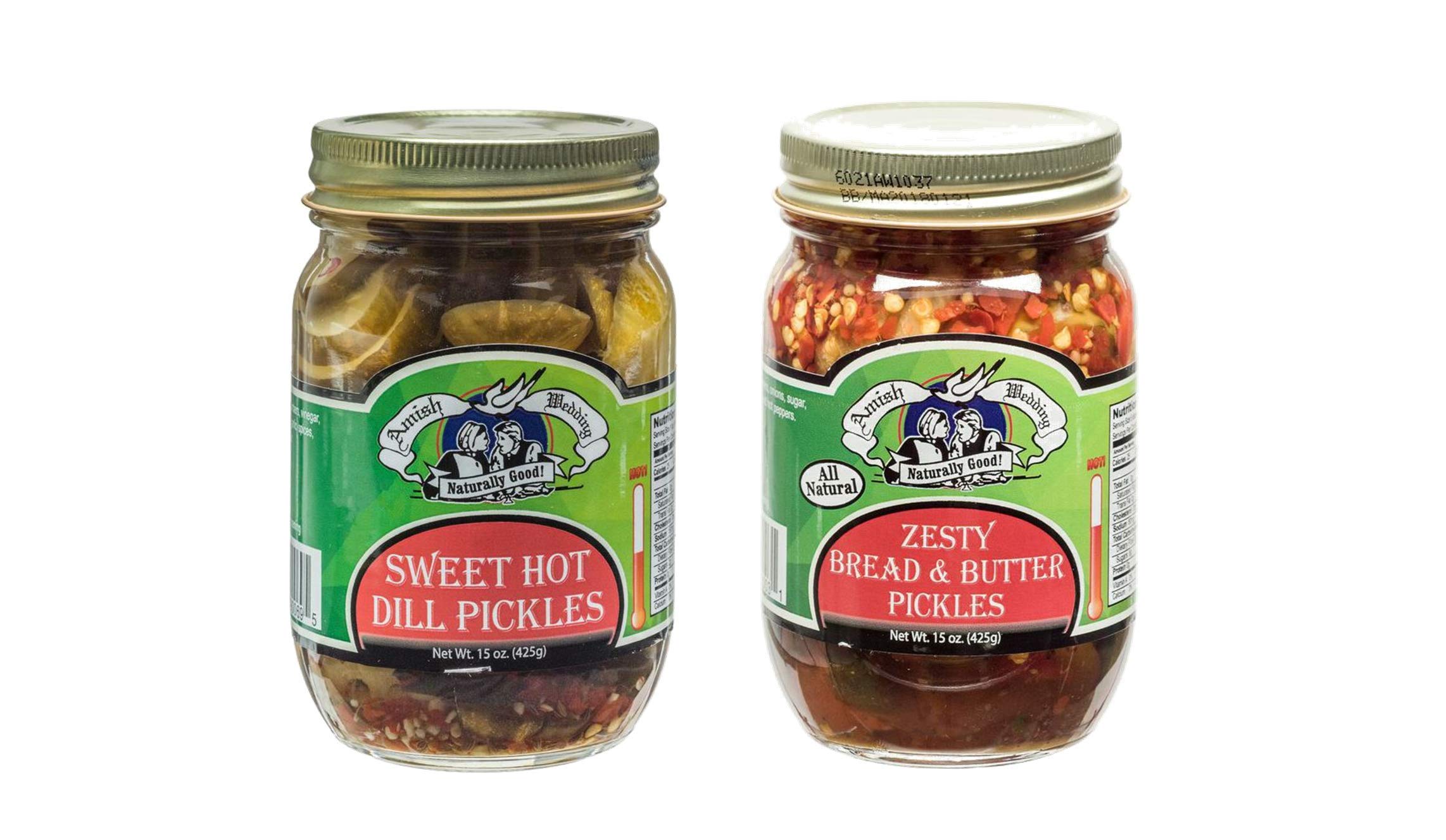 Amish Wedding Foods Sweet Hot Dill and Zesty Bread & Butter Pickle Chips 15 oz. Jars Variety 2 pack