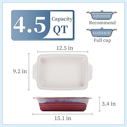 LOVECASA 4.5 Quart Deep Baking Dish with Lid, 9x13 Rectangular Ceramic Casserole Dish with Lid, Nonstick Baking Pans for Lasagna, Leftovers, Baking, Cooking Dishwasher Oven Safe, Red and Powder Gray