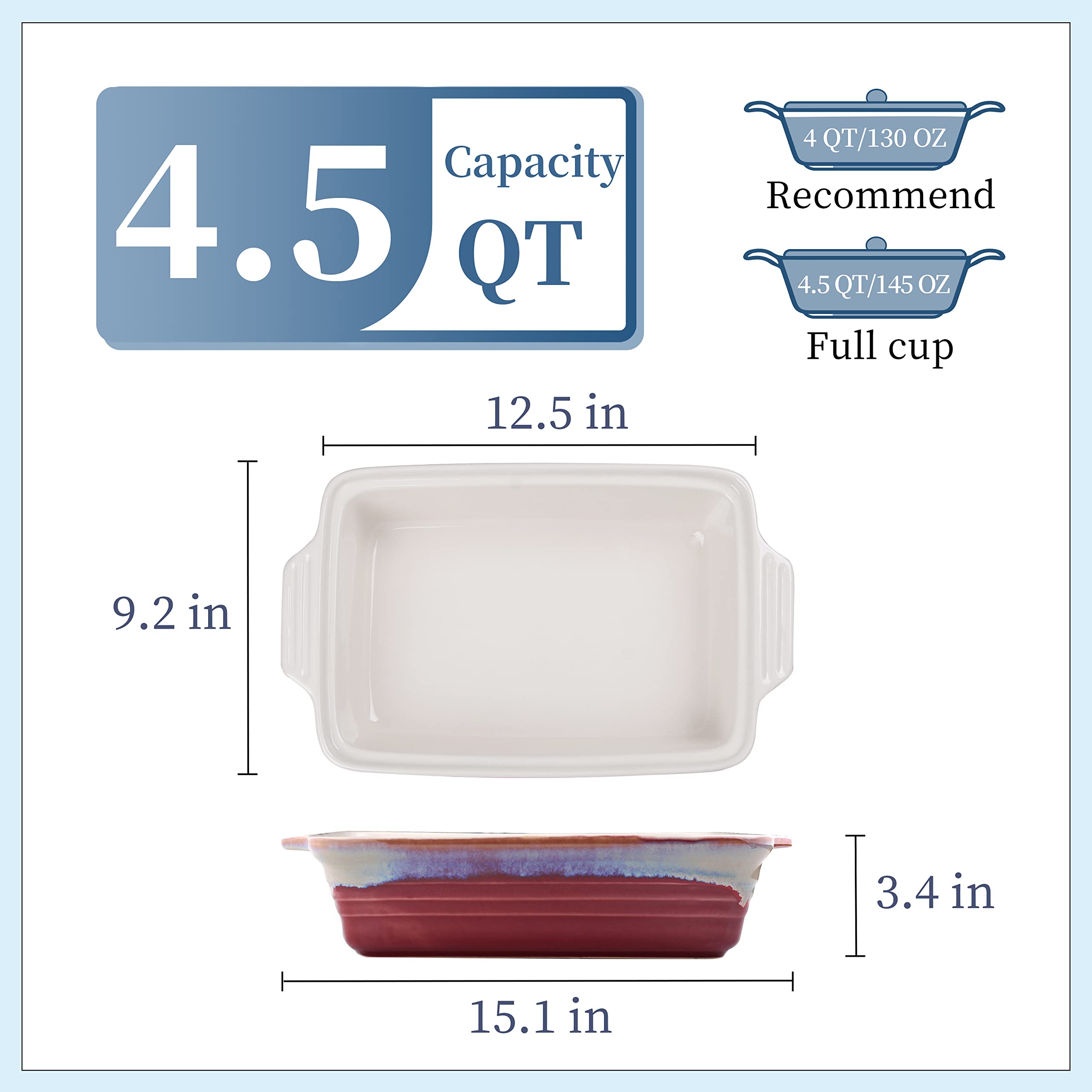 LOVECASA 4.5 Quart Deep Baking Dish with Lid, 9 x 13 Rectangular Ceramic Casserole Dish with Lid, Nonstick Baking Pans for Lasagna, Leftovers, Baking, Cooking Dishwasher Oven Safe, Red and Powder Gray