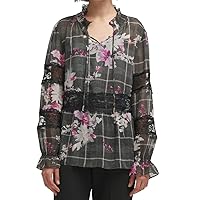 DKNY Womens Lace-Trim Pullover Blouse, Black, X-Large
