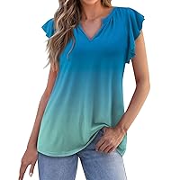 Shirts for Women Ruched Tops for 2024 Summer Women Solid Color Fashion Sexy Elegant Loose with Short Sleeve V Neck Flowy Blouses Sky Blue 3X-Large