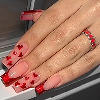 24pcs Valentines Press on Nails Long Coffin Fake Nails Valentines Day Coffin Nails with Red Glitter Heart Design Valentine Full Cover False Nails for Women Girls French Tips Valentines Nails Supply