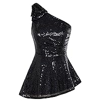 GRACE KARIN Sequin Tops for Women One Shoulder Sleeveless Dressy Sparkle Tops Ruched Sparkly Glitter Party Blouse