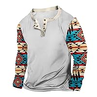 Henley Shirts for Men,Graphic Vintage Fashion Tees Western Aztec Ethnic Henley Shirt Casual Long Sleeve Tee Shirts