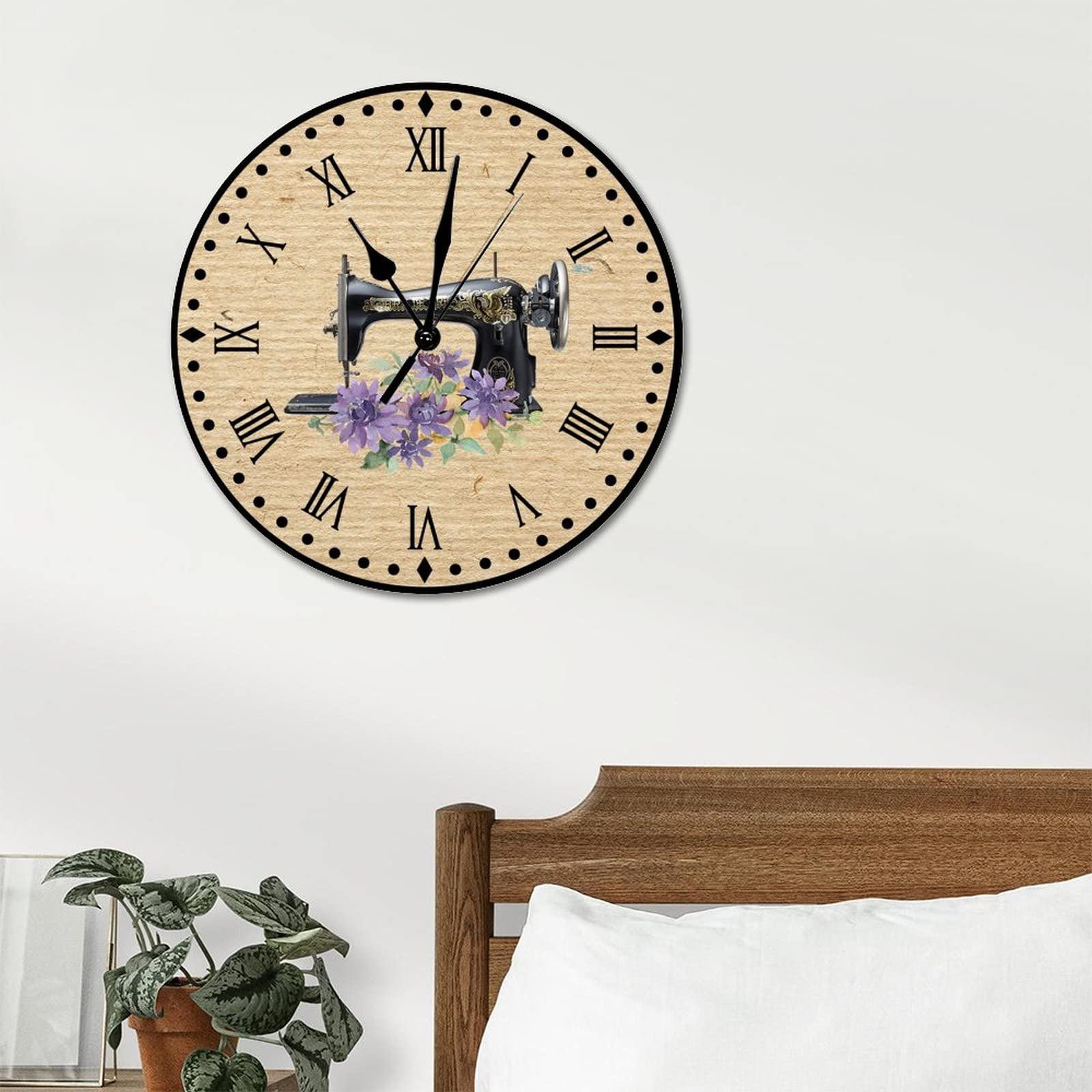Floral Sewing Machine Wood Wall Clocks Sewing Lovers Hanging Wall Clock 10inch Abstract Silent Non-Ticking Battery Operated Wood Print Hanging Clock for Living Room Office Home Craft Room Decor