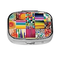 Colorful Collage Pill Box 2 Compartment Small Pill Case for Purse & Pocket Metal Medicine Case with Mirror Portable Travel Pillbox Medicine Organizer