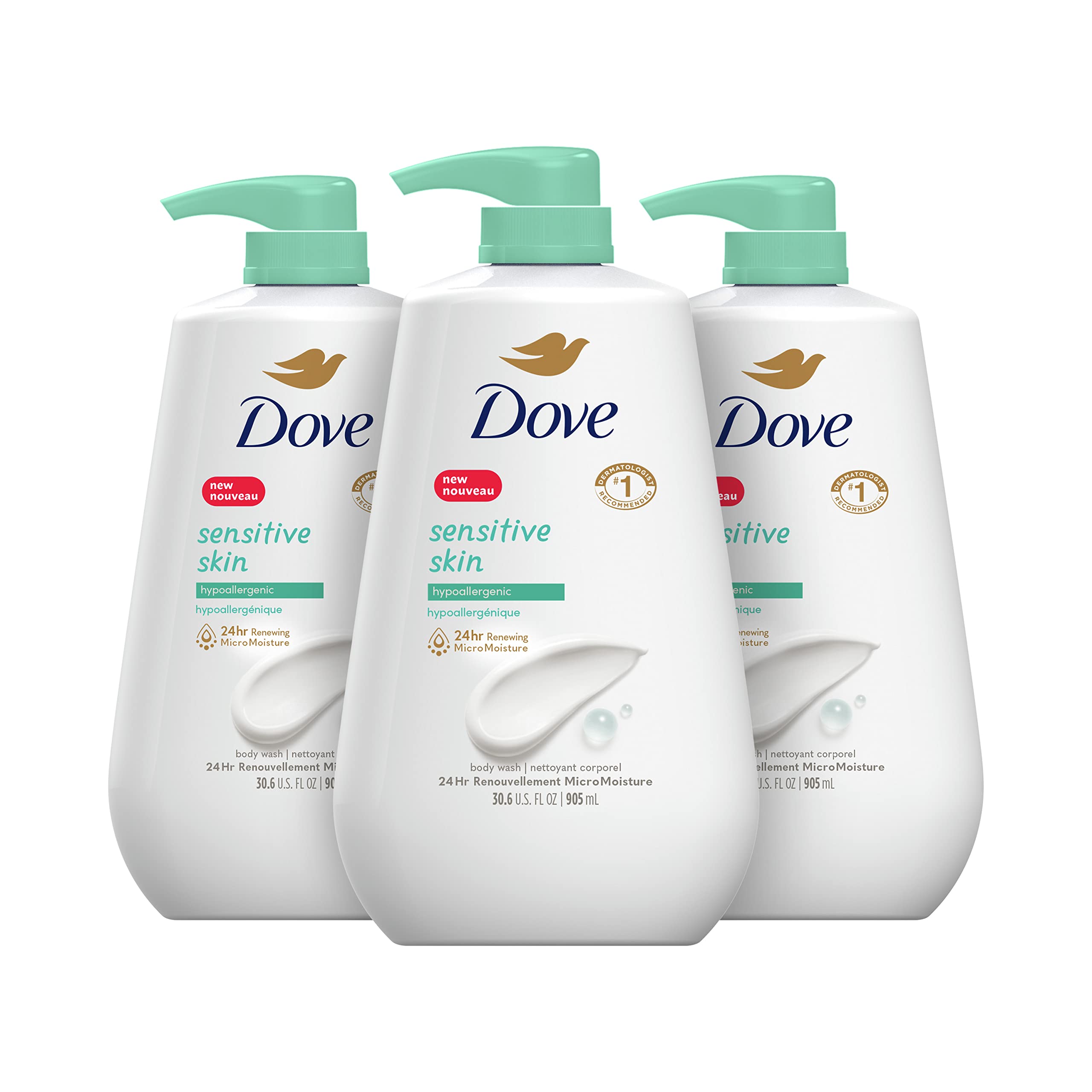 Dove Body Wash with Pump Sensitive Skin Hypoallergenic, Paraben-Free, Sulfate-Free, Cruelty-Free, Moisturizing Skin Cleanser Effectively Washes Away Bacteria While Nourishing Skin, 30.6 Oz (Pack of 3)