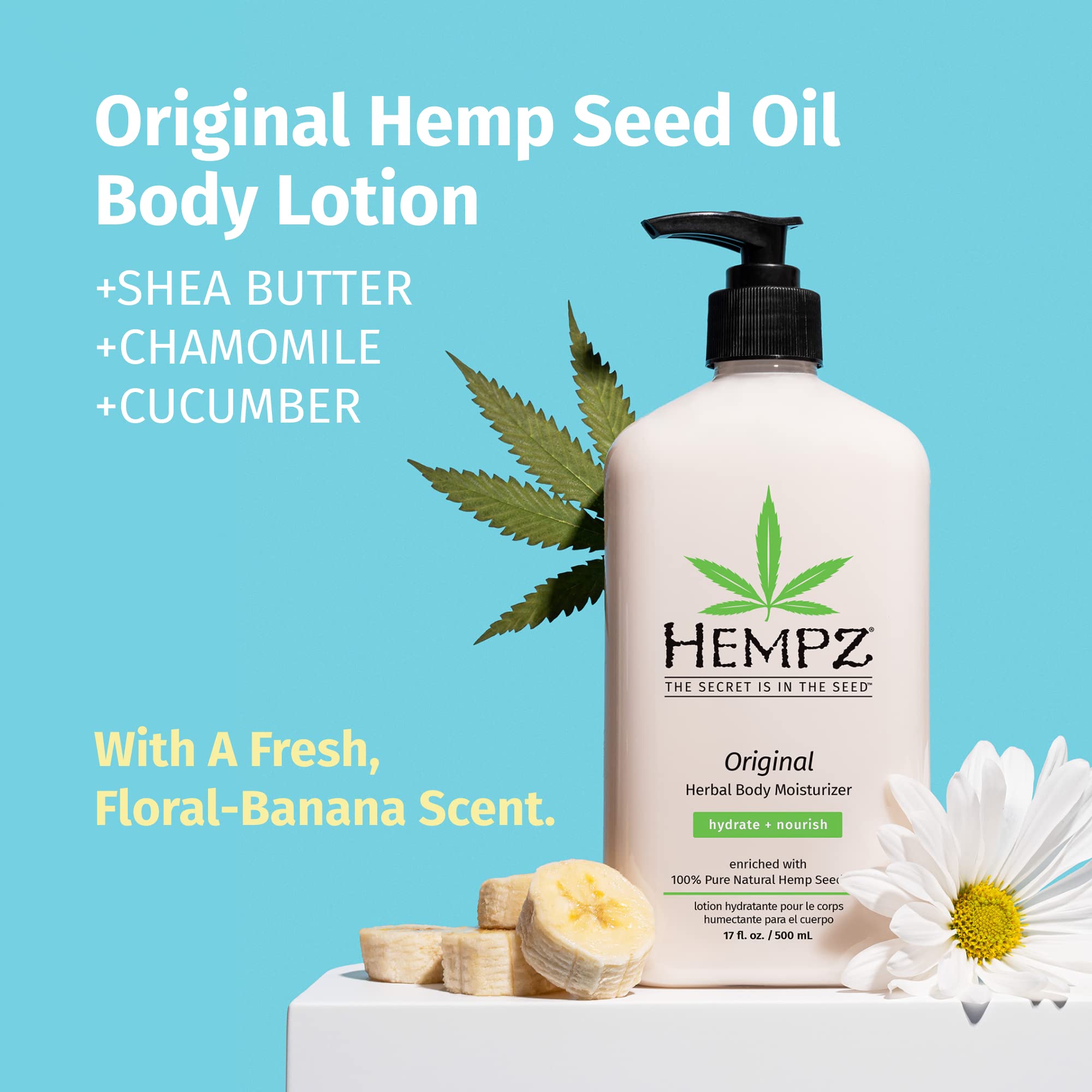 HEMPZ Body Lotion Original - Floral & Banana Daily Moisturizing Cream, Shea Butter Body Moisturizer - Skin Care Products, Hemp Seed Oil - Large