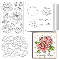 GLOBLELAND Peony Cut Dies & Clear Stamp & Painting Stencils Flowers Embossing Template Silicone Stamp Hollow Painting Stencil Set for Scrapbooking Card Making DIY Decoration