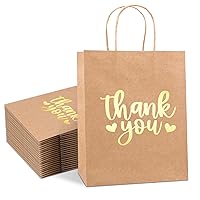 Thank You Gift Bags Bulk 50 Pcs Medium, Gold Foil Thank You Brown Kraft Paper Bags with Handles for Retail Shopping, Wedding, Baby Shower Holiday, Party Favors, Size 8x4.75x10 Inches