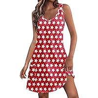 American Flag Dresses for Women 4th of July Casual Printed Dress V-Neck Vest Beach Dress with Pocket