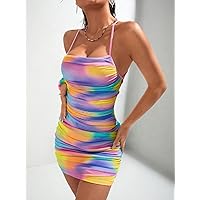 Dresses for Women - Ombre Ruched Lace-up Backless Bodycon Dress (Color : Multicolor, Size : Large)