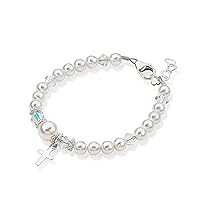 Sterling Silver Cross Charm Bracelet for Girls - with European Simulated Pearls, Crystals and Silver Spacers - Baptism and Christening Gift (BCRS)