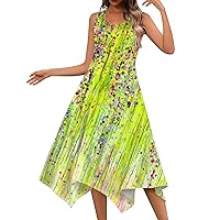 Flowy Spring Dresses for Women Casual Round Neck Sleeveless Floral Print Irregular Hem Midi Dress
