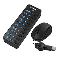 10 Port 60W USB 3.0 Hub with Individual Power Switches and LEDs Includes 60W 12V/5A Power Adapter+Mini Travel USB Optical Mouse with Retractable Cable for Computers and laptops | Mac & PC Compatible
