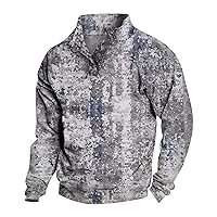Men's Graphic Print Vintage Top Long Sleeve Shirt Stand Collar Button Down Pullover Coat Lightweight Sweatshirt