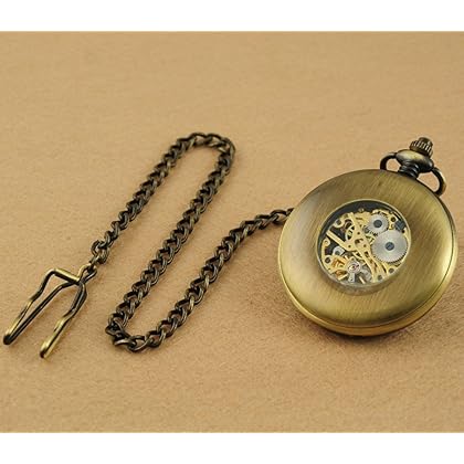 VIGOROSO Men's Hand-Wind Mechanical Pocket Watch Vintage Steampunk Wood Grain Hollow Design with Chain and Box