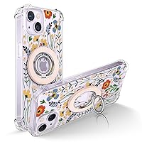 GVIEWIN Bundle - Compatible with iPhone 14 Floral Case (Blooming Flowerets) + Magnetic Phone Ring Holder (Pink)