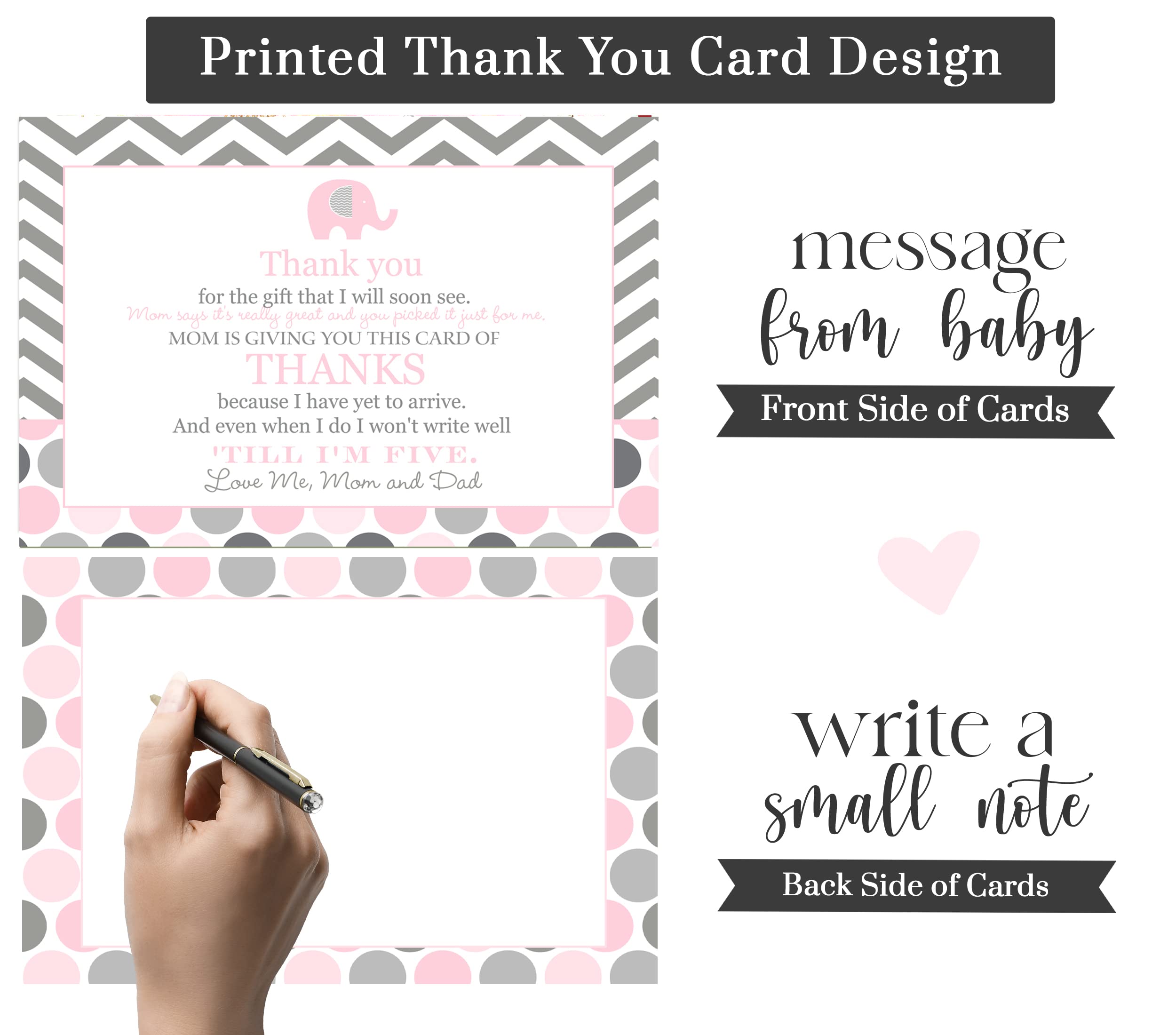 Pink Elephant Baby Shower Thank You Cards (15 Pack) Prefilled Note from Girl – Individual Notecards with Envelopes – Say Thanks for Babies Registry Gifts – Princess Theme Jungle – 4x6 Blank Set