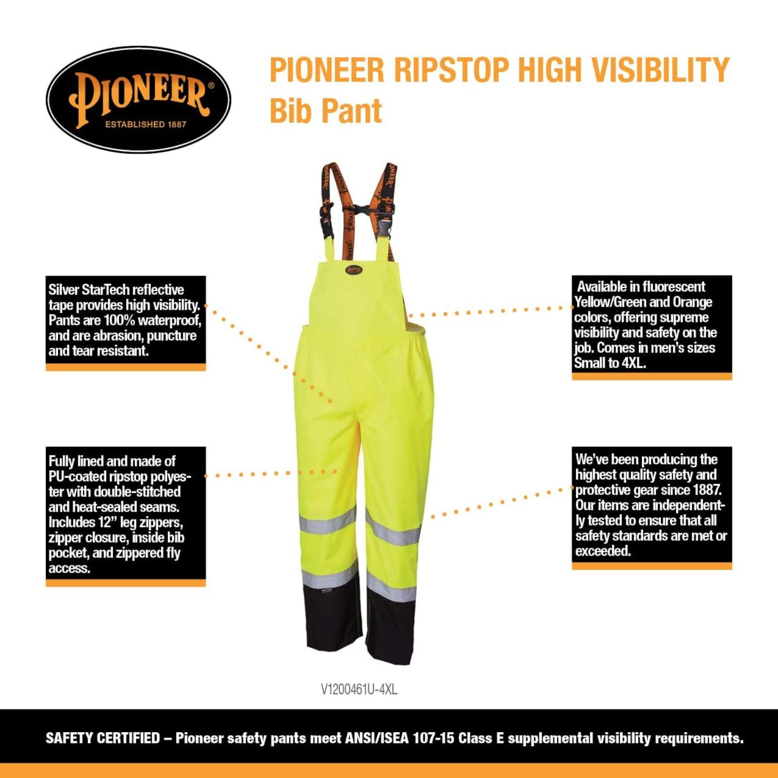 Pioneer Ripstop High Visibility Bib Pan Safety Rain Gear, Hi Vis, Waterproof, Reflective, Work Overalls for Men, Orange, Yellow/Green, V1200461U-2XL