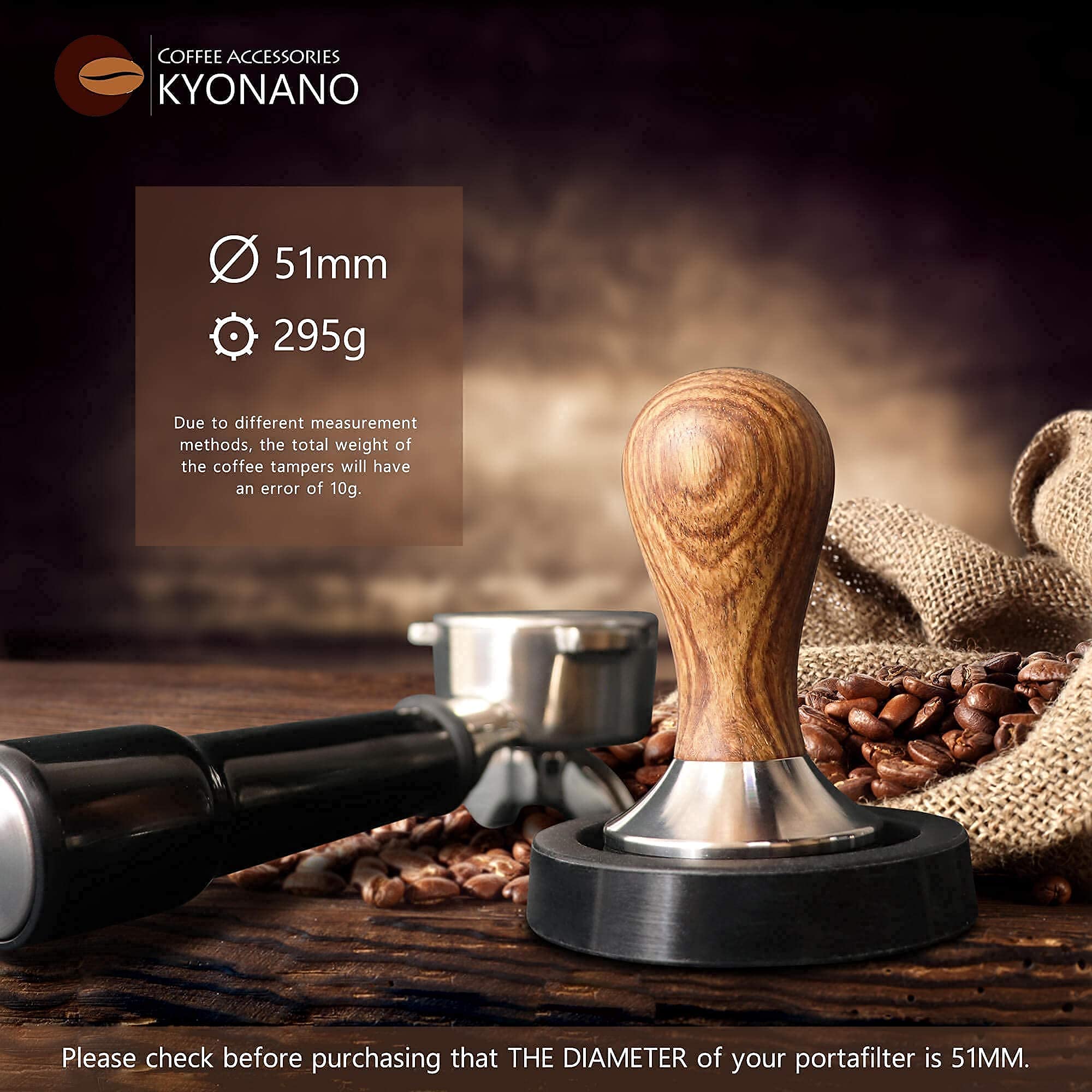 KYONANO Espresso Tamper 51mm - Tamper with Dalbergia Odorifera Handle -Coffee Tamper Espresso Press plus Free Milk Frothing Pitcher 350ml, Silicone Tamper Mat -Tamper fits 51mm Delonghi Portafilter