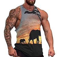 Sunset African Elephants Men's Workout Tank Top Casual Sleeveless T-Shirt Tees Soft Gym Vest for Indoor Outdoor