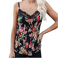 Womens Sexy Summer Lace Trim V-Neck Sleeveless Spaghetti Strap Cami Tank Tops Casual Comfy Dressy Floral Print Camisole
