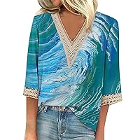 3/4 Sleeve Tees for Women V Neck Tops Casual Loose Tunic Blouse Cute Printed T Shirt Ladies Graphic Tees Shirts