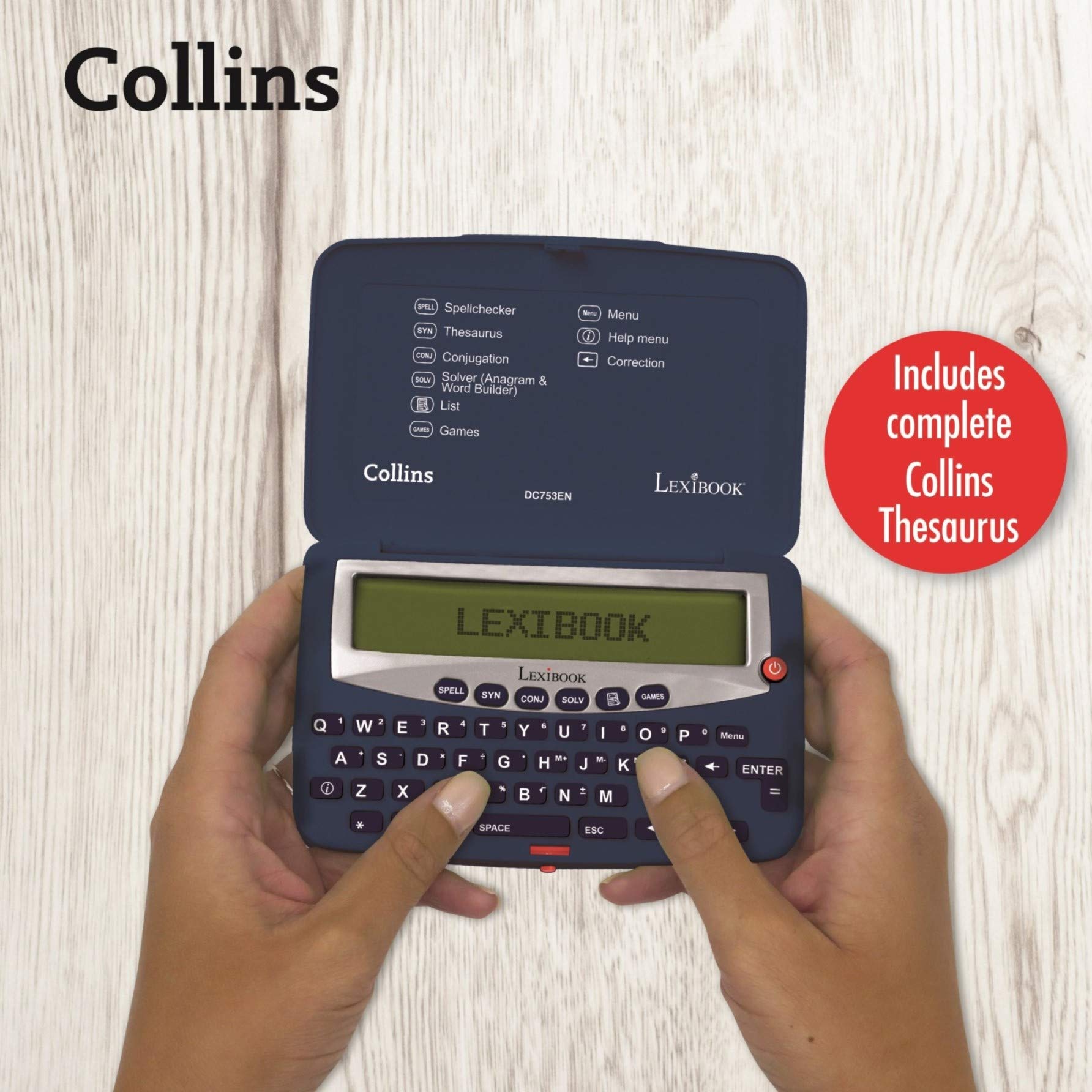 LEXiBOOK - Collins English Dictionary, 13th Edition - Electronic Pocket Spellchecker, Thesaurus, Crossword Solver, Conjugation, Anagram Solver, Words Games, with Battery, Blue/White, DC753EN