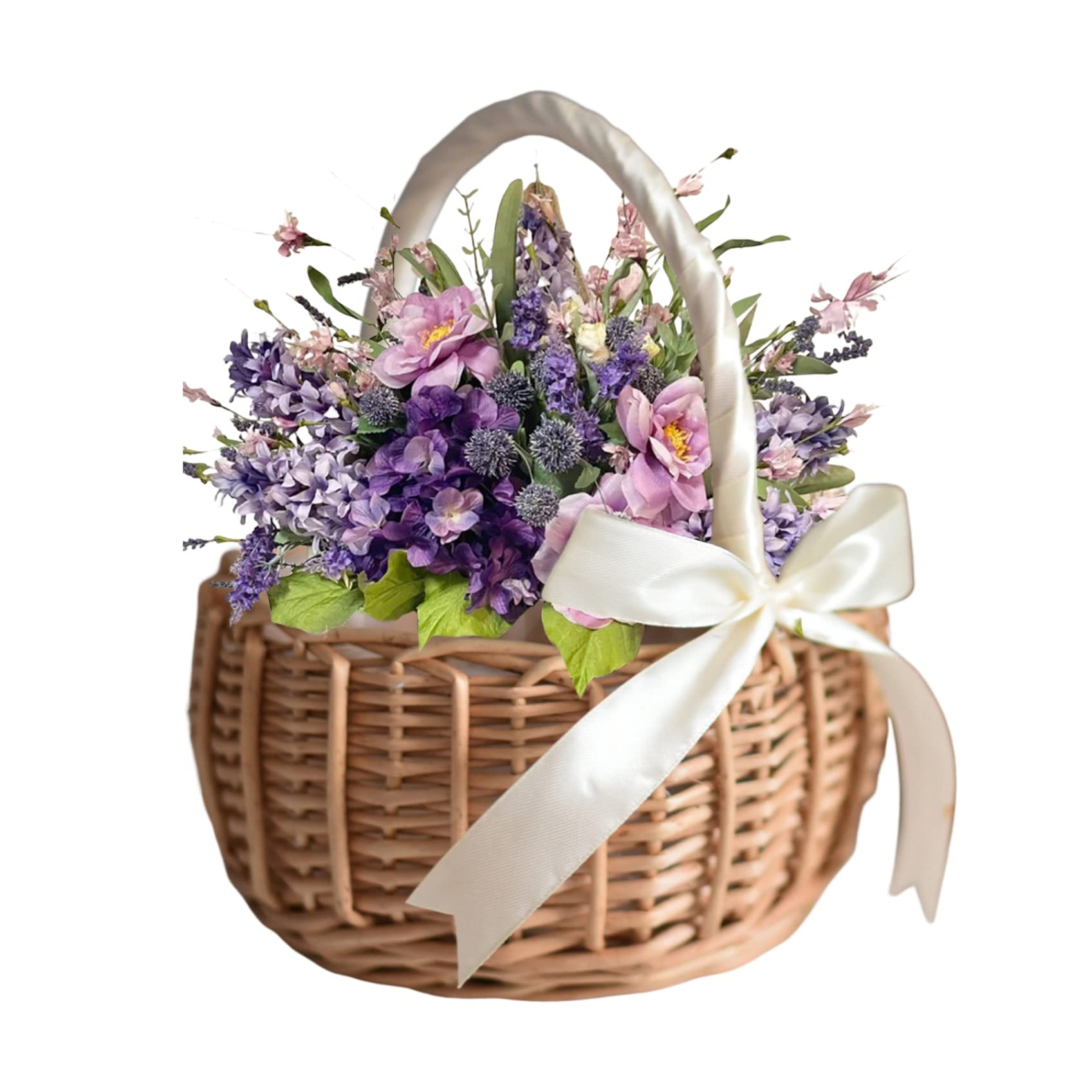 Meyrwoy Wicker Basket,Woven Storage Basket, Flower Girl Basket with Handle Woven Willow Basket Wicker Rattan Flower Basket Candy Storage Basket for Wedding Party Decor White