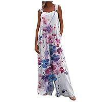 Women's Summer Jumpsuit Casual Printed Overalls Linen Clashing Wide Leg Rompers with Pockets