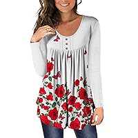 Women Tunic Loose Tops Casual Plus Size Pleated Button Down Pullover Sweatshirt Casual Spring T-Shirts Blouses