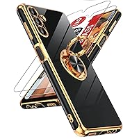 LeYi for Samsung Galaxy A13-5G Phone Case: Tempered Glass Screen Protector, 360° Rotatable Ring Holder Magnetic Kickstand, Plating Rose Gold Edge Protective Case, Black