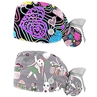 Adjustable Scrub Bouffant Caps, 2 PCS Circle Dots Working Hat Hair Cover with Ponytail Pouch, Soft Surgical Nurse Cap
