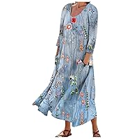 3/4 Sleeve Dresses for Women Summer Casual Beach Sundresses Boho Maxi Dresses Flowy Printed Long Dress with Pockets
