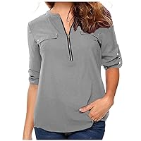 SMIDOW Business Casual Tops for Women Half Cuff Sleeve Zipper v Neck Shirts Casual Loose Plus Size Chiffon Blouse