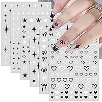 6 Sheets French Bow Star Nail Art Stickers Heart Nail Decals Black White Nail Designs Polish 3D Adhesive Nail Supplies Simple Cute Bow Nail Stickers for Nail Art Charms Decorations for Women Manicure