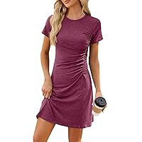 Women's Formal Dresses 2024 Trendy Fashion Solid Colour Round Neck Pleated Slim Short Sleeve Dresses, S-2XL