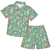 visesunny Toddler Boys 2 Piece Outfit Button Down Shirt and Short Sets Cartoon Cute Sloth Boy Summer Outfits